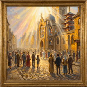 Oil painting of a cobblestone street leading toward a large cathedral at sunset.