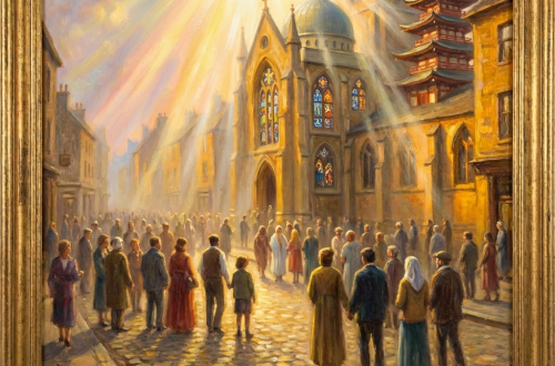 Oil painting of a cobblestone street leading toward a large cathedral at sunset.
