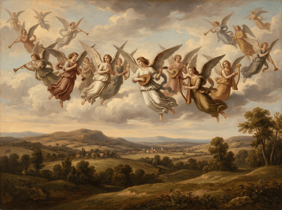 Winged angels playing musical instruments in the clouds over a rural landscape.