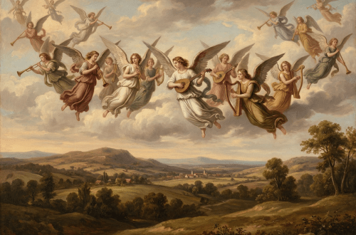 Winged angels playing musical instruments in the clouds over a rural landscape.