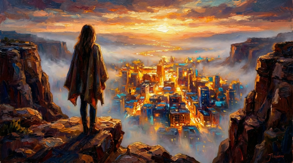 Painting of a person on a cliff overlooking a glowing city at sunset.