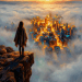 Painting of a person on a cliff overlooking a glowing city at sunset.