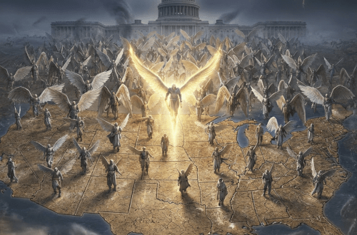 Angelic figures with wings stand across a map of the United States under a stormy, lightning-filled sky.