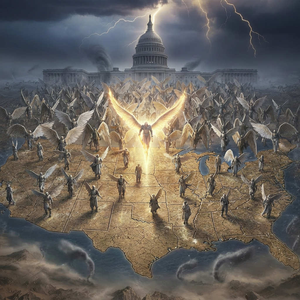 Angelic figures with wings stand across a map of the United States under a stormy, lightning-filled sky.