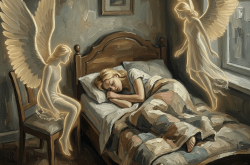 Oil painting of two glowing fairies watching over a sleeping woman in a bedroom.