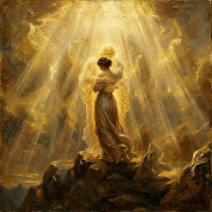 Oil painting of a woman in a divine embrace on a rocky peak.