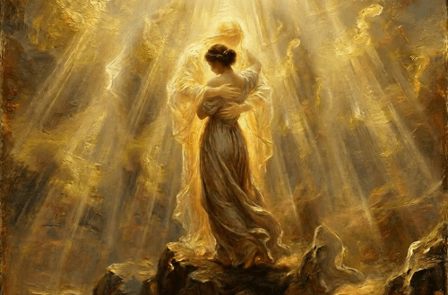 Oil painting of a woman in a divine embrace on a rocky peak.