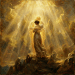 Oil painting of a woman in a divine embrace on a rocky peak.