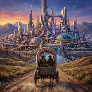 Horse-drawn covered wagon on dirt road with city skyline and mountains at sunset