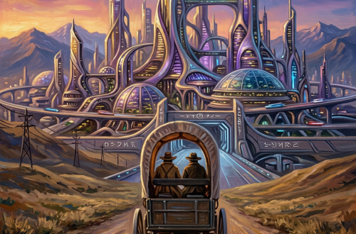 Horse-drawn covered wagon on dirt road with city skyline and mountains at sunset