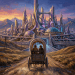Horse-drawn covered wagon on dirt road with city skyline and mountains at sunset