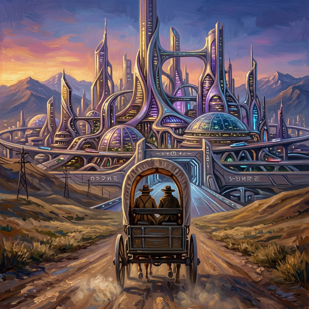 Horse-drawn covered wagon on dirt road with city skyline and mountains at sunset