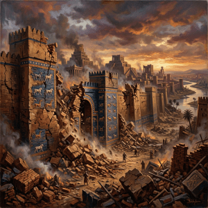 Ruined walls of ancient Babylon with crumbling bricks and smoke at sunset