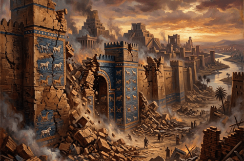 Ruined walls of ancient Babylon with crumbling bricks and smoke at sunset
