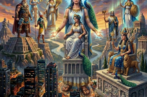 Giant mythological god with spear and shield towering over city buildings at sunset