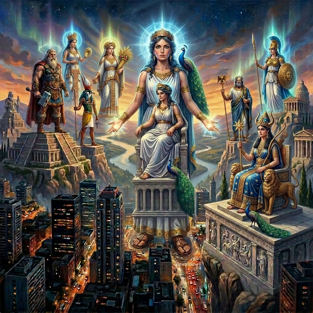 Giant mythological god with spear and shield towering over city buildings at sunset