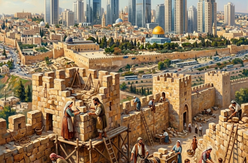 Workers rebuilding stone city walls with Jerusalem and Dome of the Rock in background