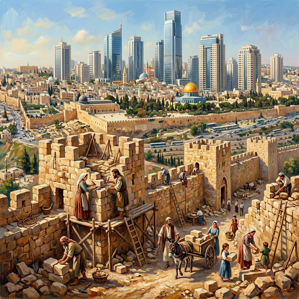 Workers rebuilding stone city walls with Jerusalem and Dome of the Rock in background