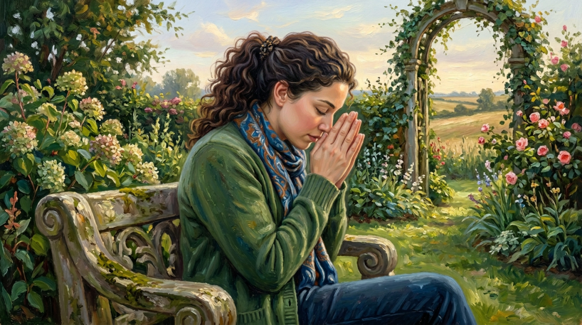 Woman praying with rosary beads in a church pew