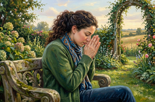 Woman praying with rosary beads in a church pew