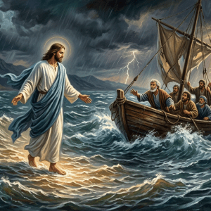 Jesus on a boat with disciples during a stormy sea calming the waves