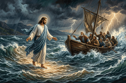 Jesus on a boat with disciples during a stormy sea calming the waves