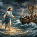 Jesus on a boat with disciples during a stormy sea calming the waves
