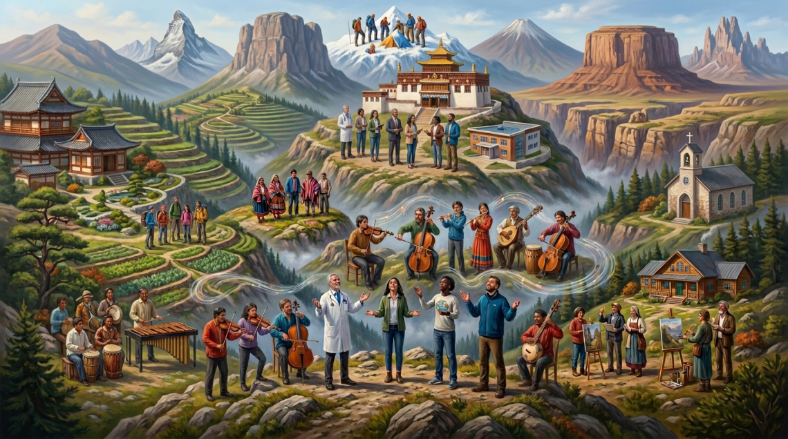 Medieval villagers in robes praying on a grassy hill with mountains in the background
