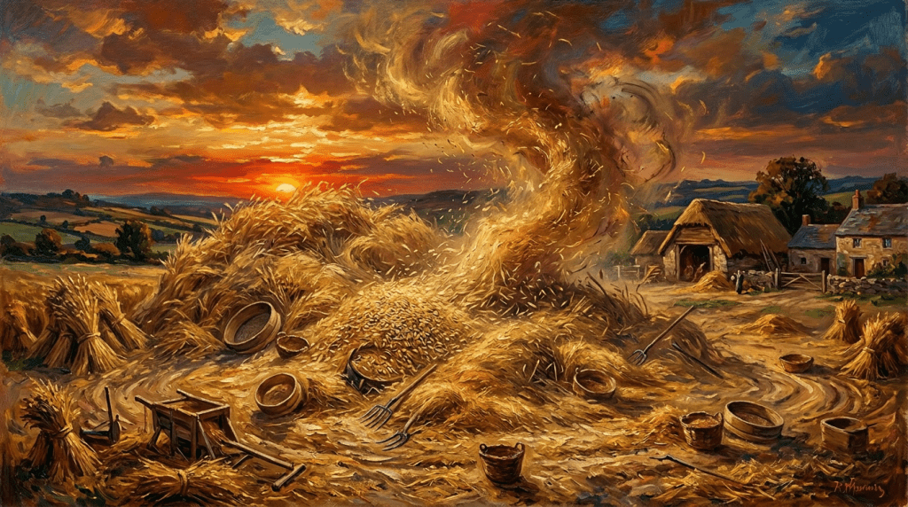 Group of villagers threshing grain in a rural field at sunset
