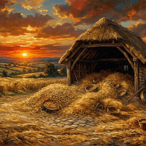 Group of villagers threshing grain in a rural field at sunset