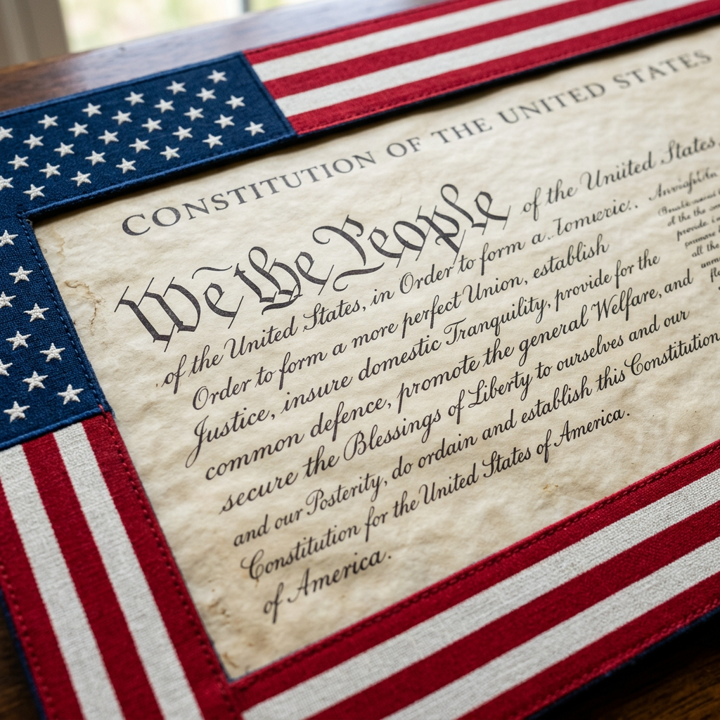 Text of the United States Constitution starting with 'We the People' bordered by American flag fabric