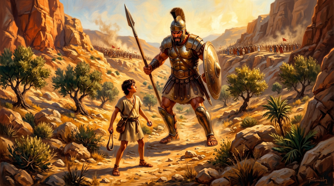 Young boy with sling confronting armored giant soldier holding spear and shield