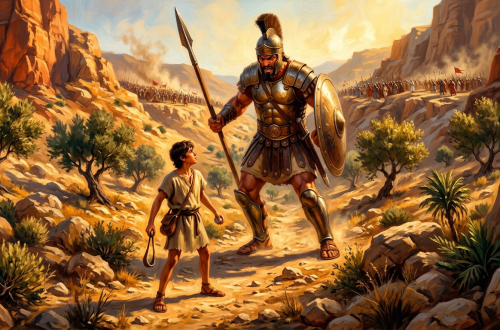 Young boy with sling confronting armored giant soldier holding spear and shield