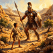 Young boy with sling confronting armored giant soldier holding spear and shield