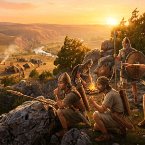 Soldiers in camouflage gear using binoculars and rifles while observing a camp at dusk from rocky terrain