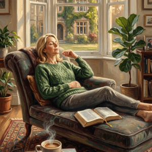 Woman sitting at a table with eyes closed, an open book, and a steaming cup of coffee near a sunny window