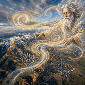 Swirling luminous light trails over snow-capped mountains and winding river