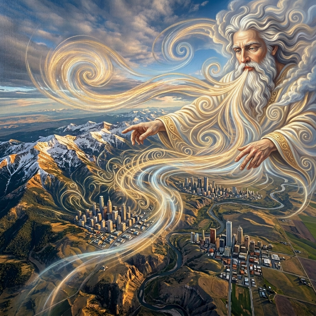 Swirling luminous light trails over snow-capped mountains and winding river